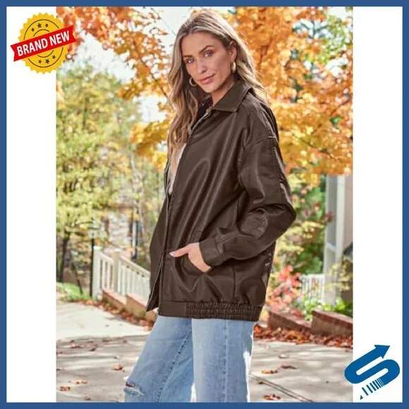 Oversized Faux Leather Motorcycle Jacket - Zipper Closure Fall Coat
